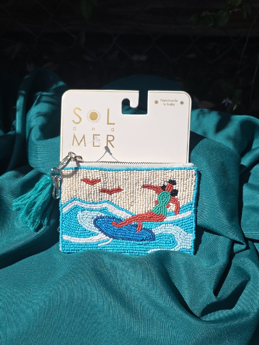 Sol and Mer Beaded Surfer Coin Purse in Teal and Blue